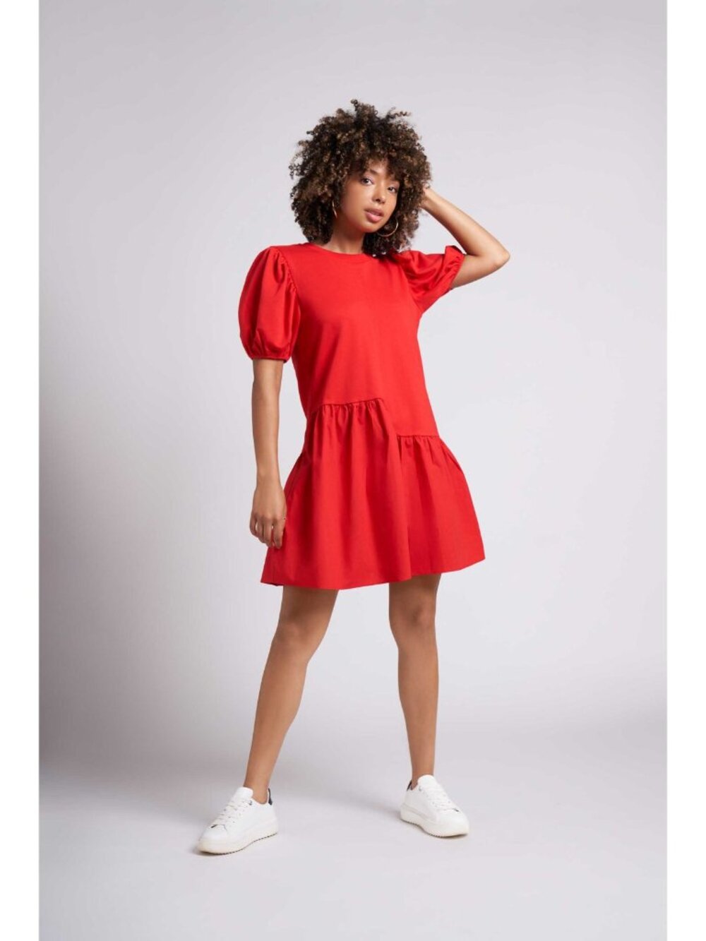English Factory red puff-shoulder mixed-media mini dress size M